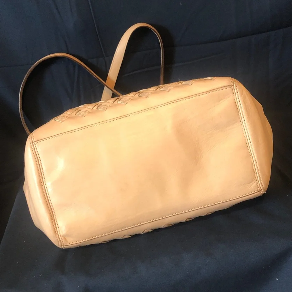 Coach woven leather tote bag EUC 12” x 12” palest pink tan color Rare